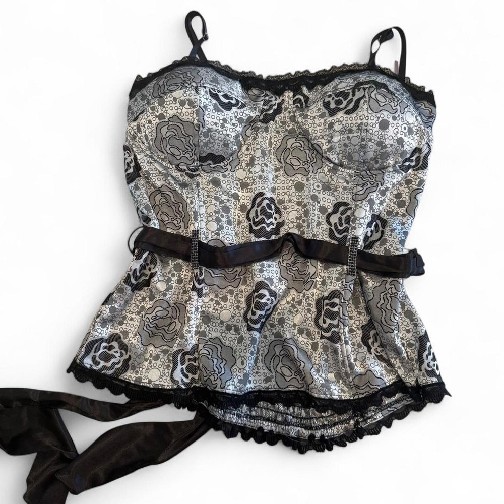 Y2K, silver and black corset top with floral design